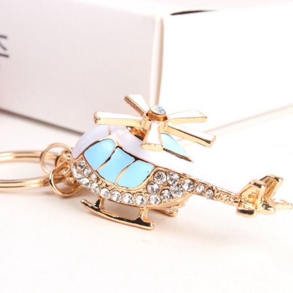 Whimsical Blue and White Crystal Helicopter Keychain Charm - Picture 3 of 16